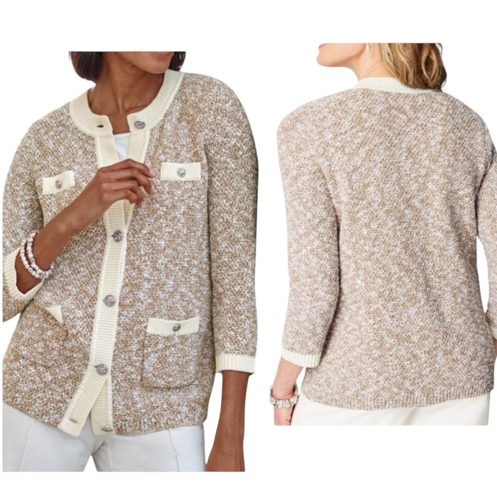 J. Jill Wearever Tan Cream Contrast Trimmed Cotton Cardigan Sweater Size Large